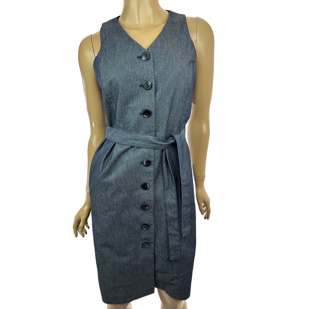 LIZ CLAIBORNE Blue Dress Button-Down Front w Sash Sleeveless Sz 4P Cotton Blend